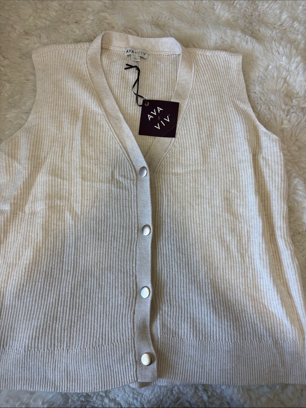 Ava & Viv Cream Button-Front Ribbed Sleeveless Sweater Vest